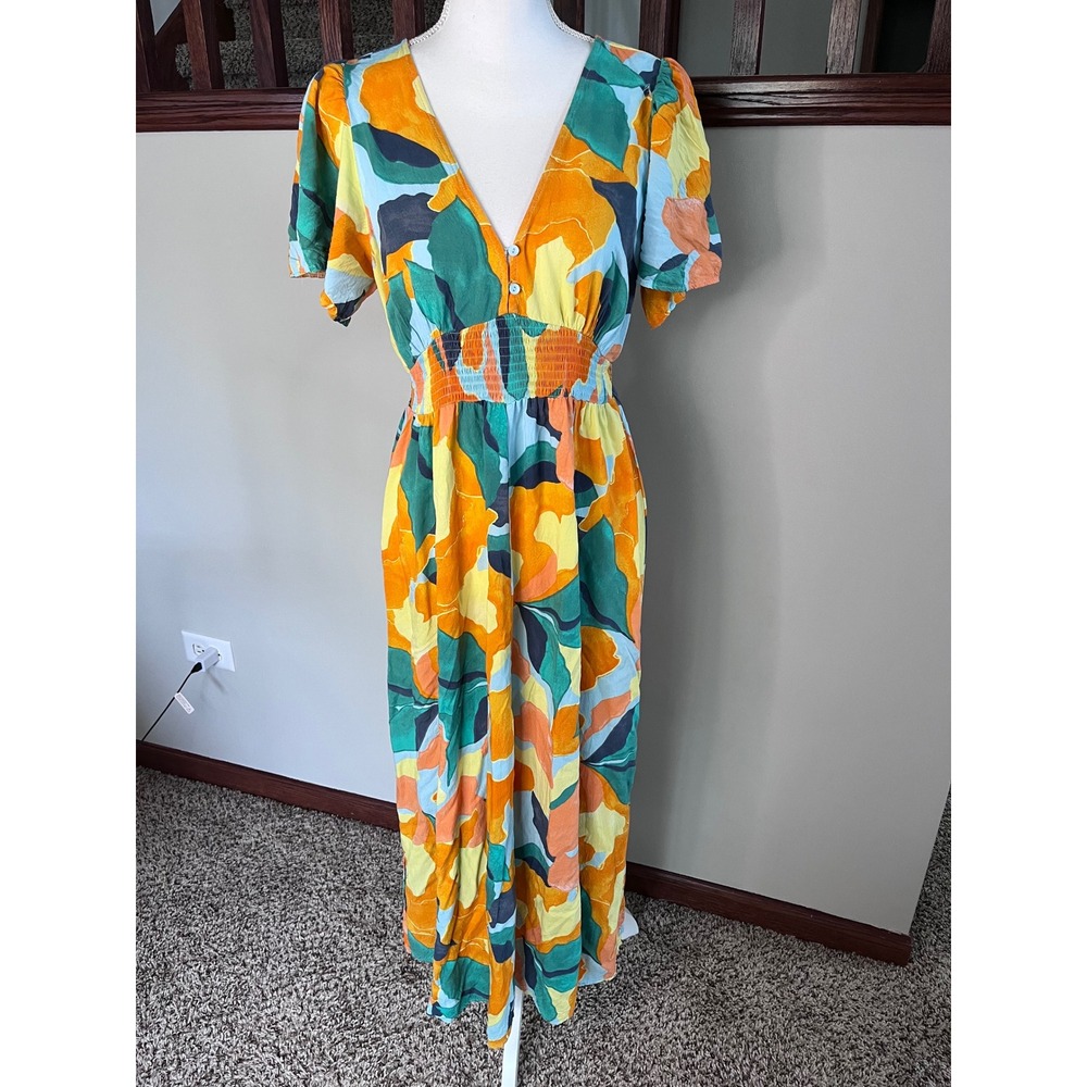 Abel The Label Women Multicolor Abstract Floral Smocked Waist Maxi Dress Large